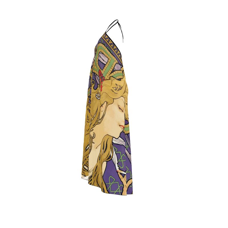 Silk Art Nouveau Maxi Dress, Halterneck Alphonse Mucha
