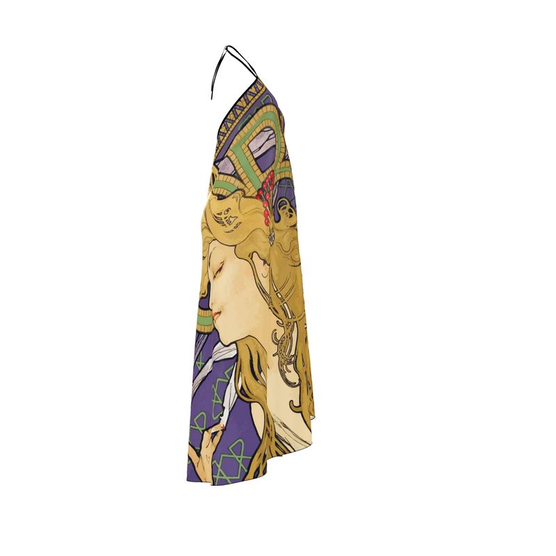Silk Art Nouveau Maxi Dress, Halterneck Alphonse Mucha