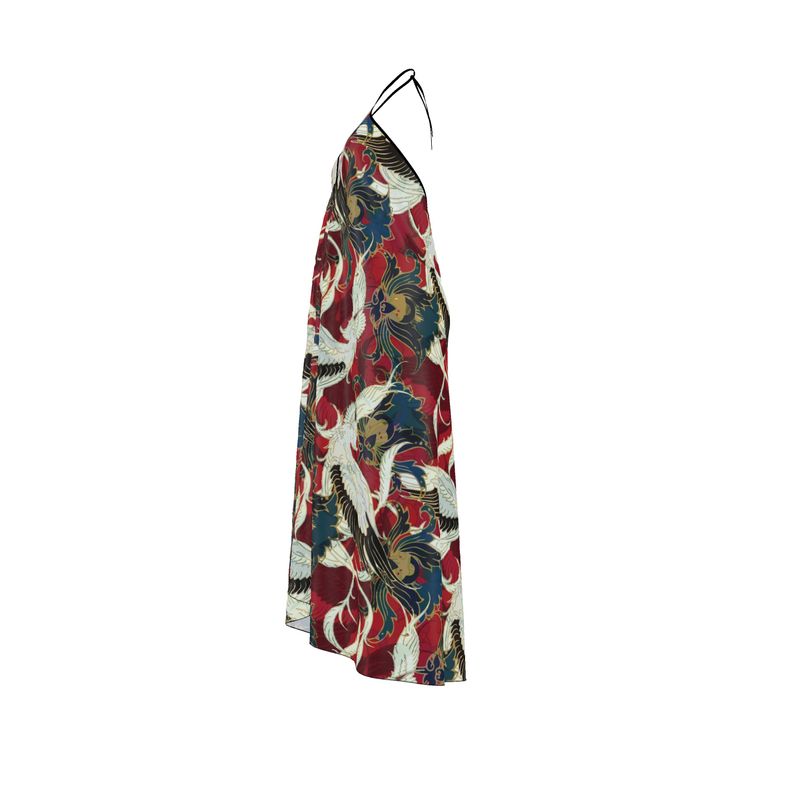 Silk Boho Maxi Dress, Halterneck Chinese crane print