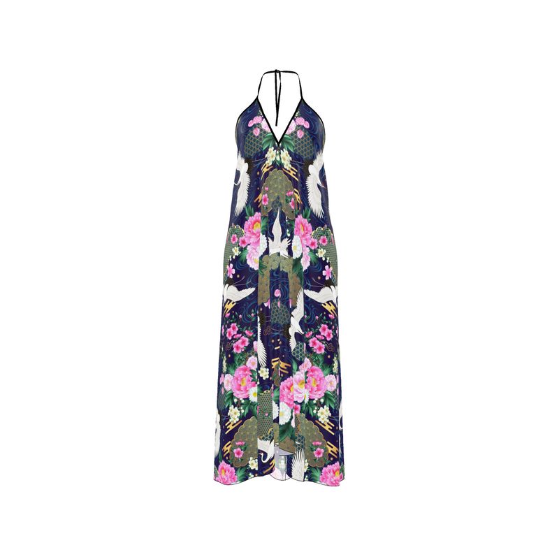 Silk Halterneck Backless Dress - Retro Chinese Textile Design, Cranes &amp; Floral Motif, Sultry &amp; Elegant