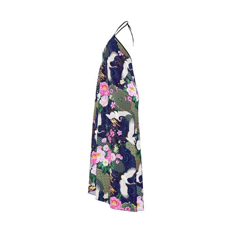 Silk Halterneck Backless Dress - Retro Chinese Textile Design, Cranes & Floral Motif, Sultry & Elegant