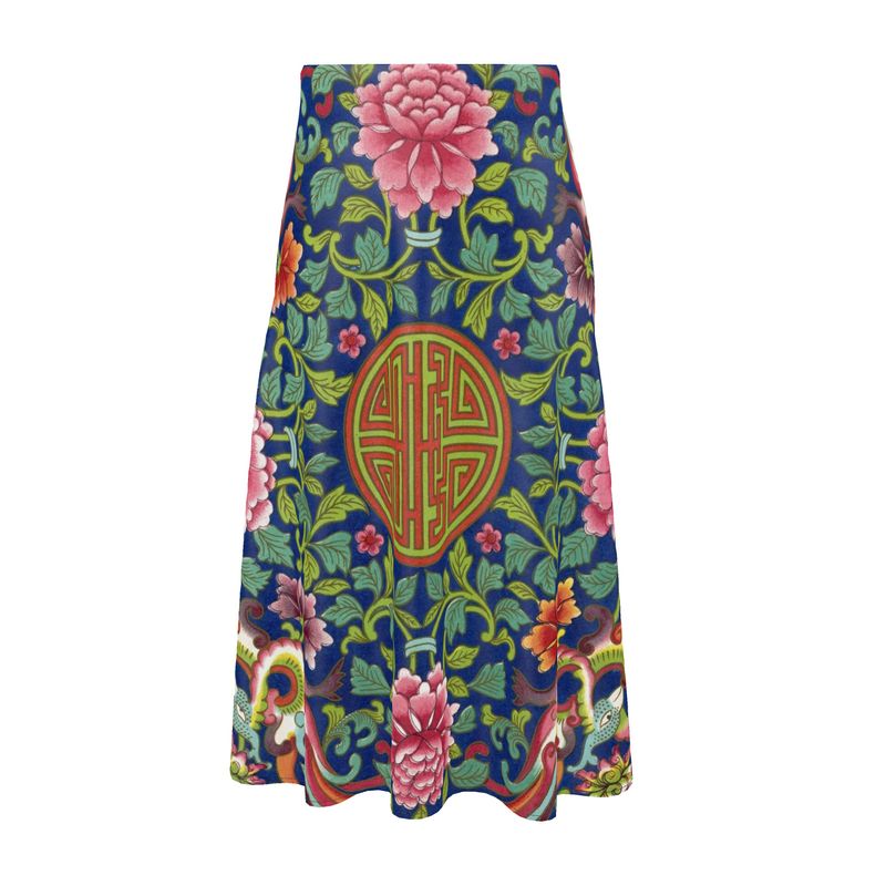 High Waisted A-Line Silk Boho Maxi Skirt, Art Nouveau Floral
