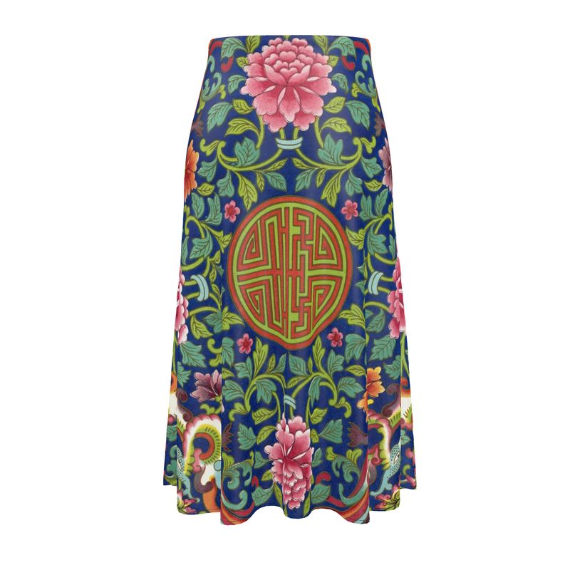 High Waisted A-Line Silk Boho Maxi Skirt, Art Nouveau Floral