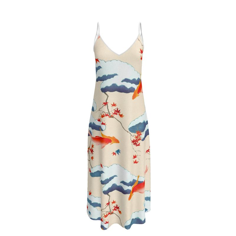 Japanese Art Print Silk Slip Dress, djustable Straps, Ankle-Length, Sizes XXS-7XL, Cream Background, Elegant Style