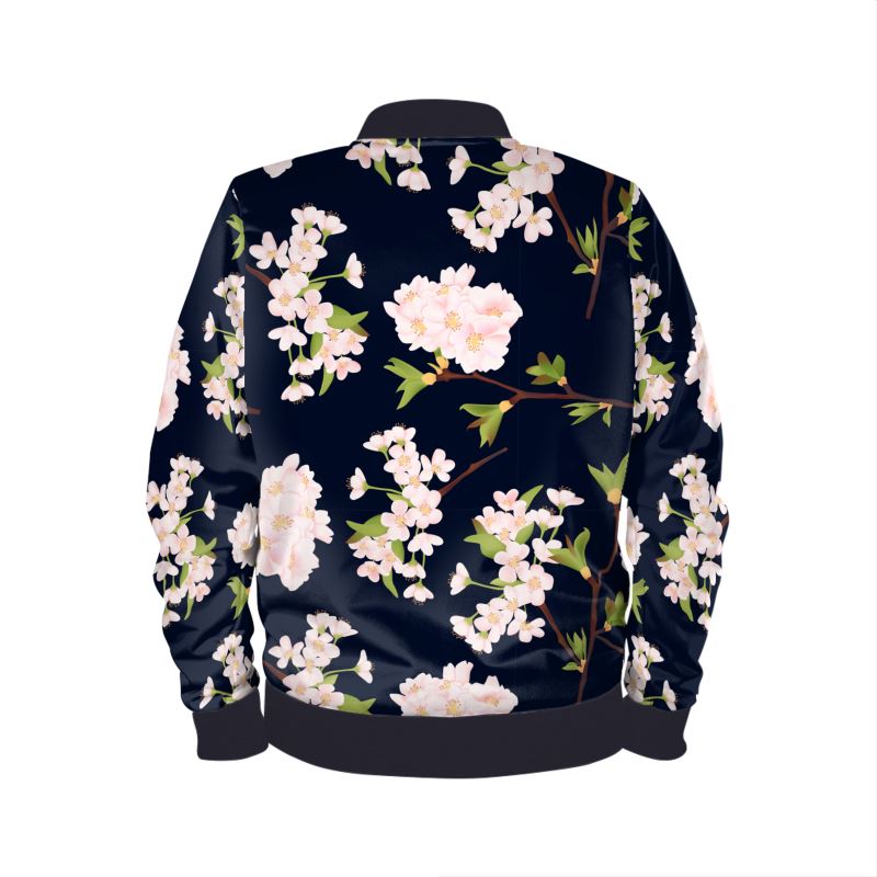 Harajuku Bomber Jacket with Japanese Cherry Blossom Print, Plus Sizes Available
