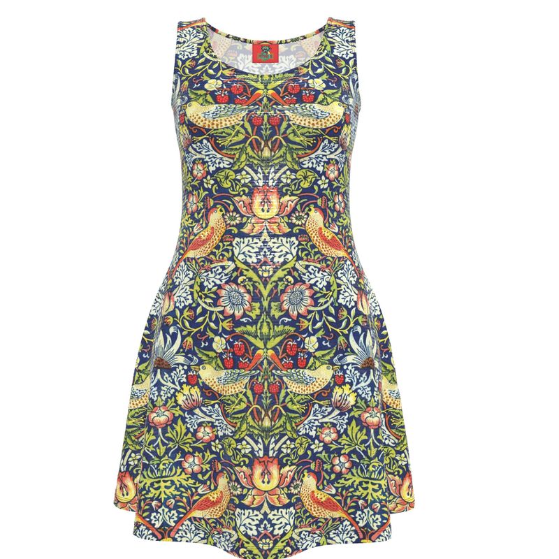 Elegant Strawberry Thieves Skater Dress: Timeless William Morris Print in Luxe Fabrics