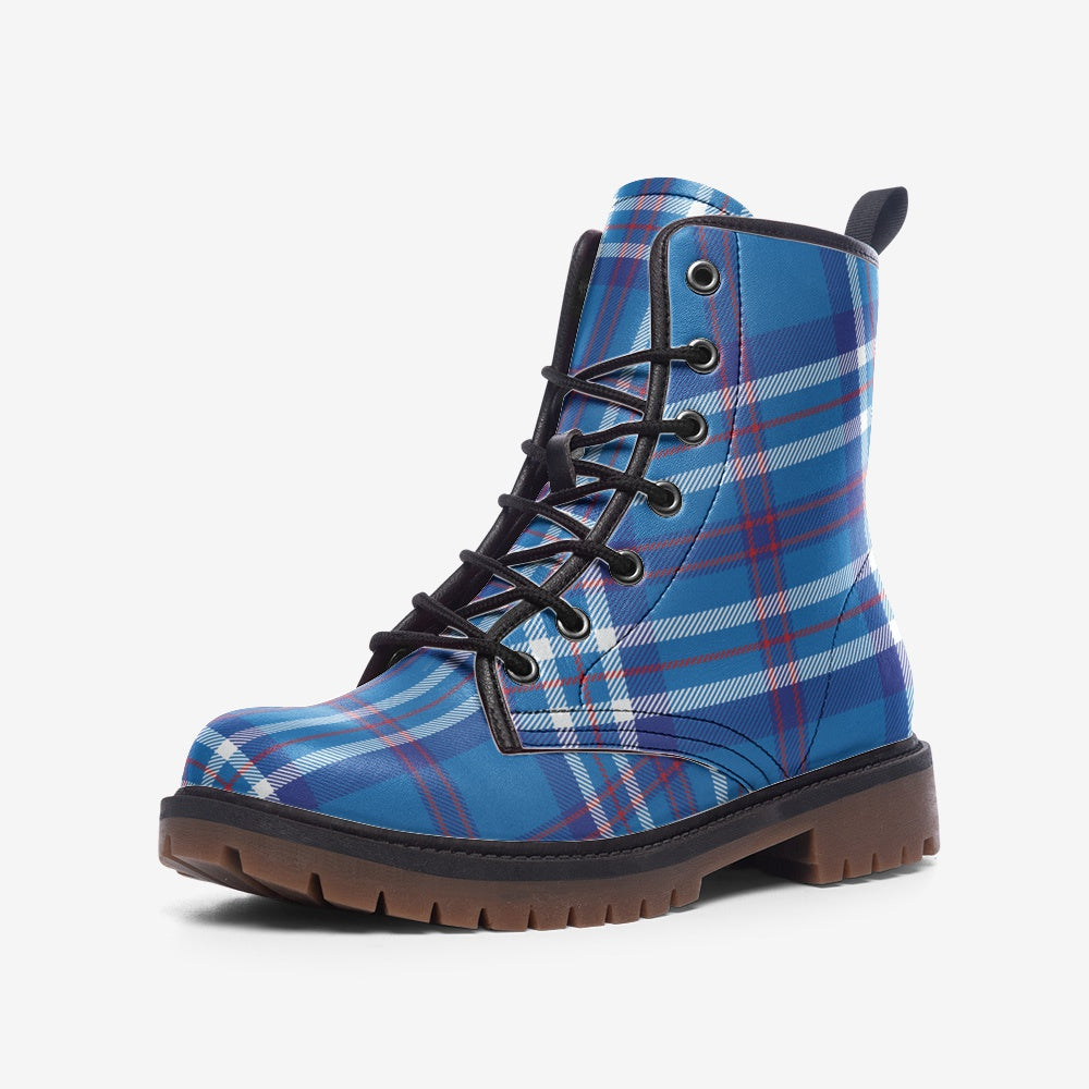 Y2K Vegan Leather Combat Boots in Breton Plaid