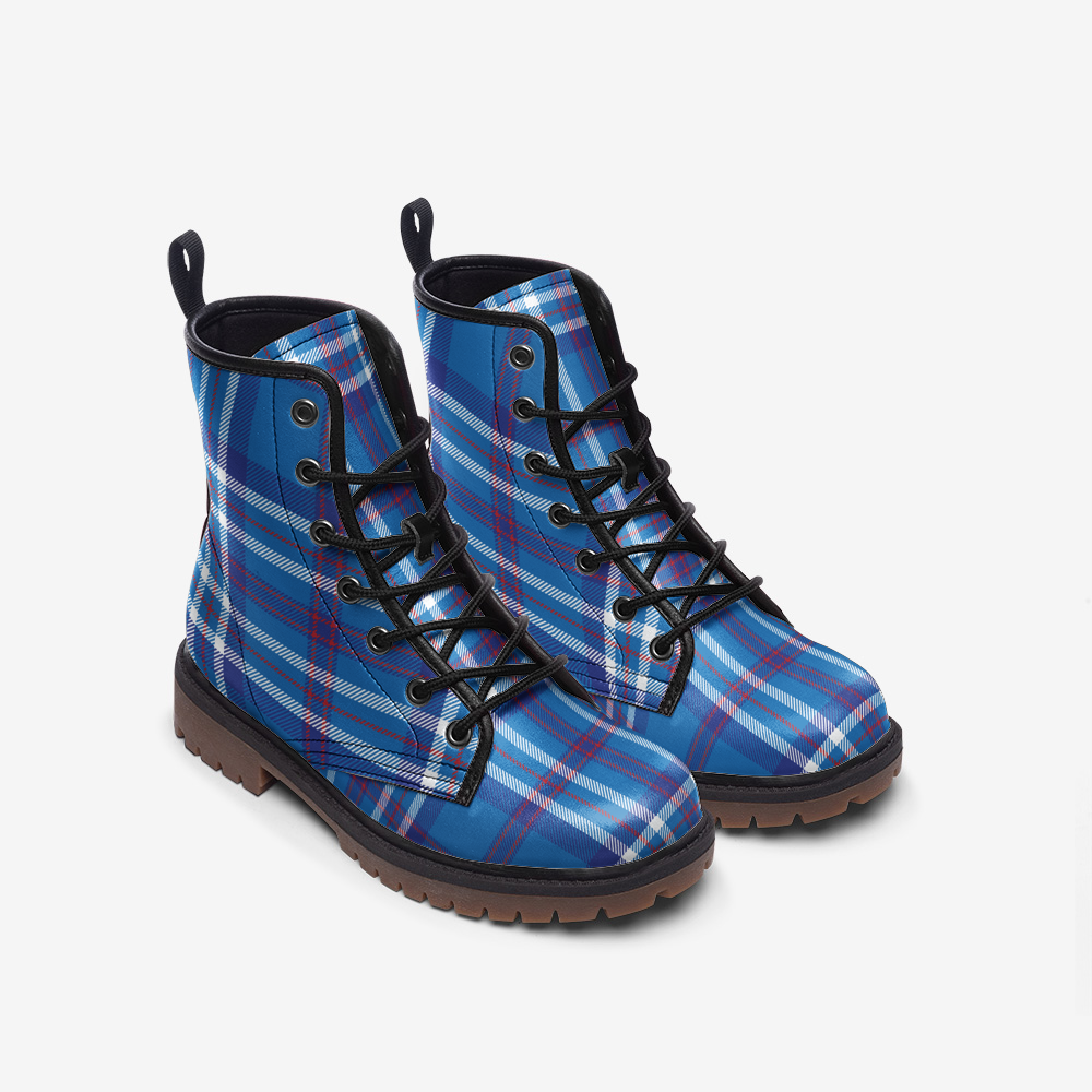 Y2K Vegan Leather Combat Boots in Breton Plaid