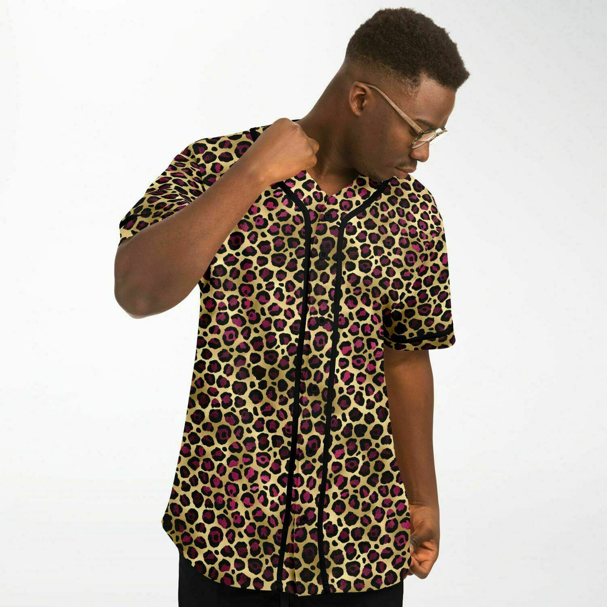 Magenta Leopard Print Baseball Jersey - Unisex, 100% Polyester, Moisture-Wicking Fabric, Rockabilly, Club, Retro