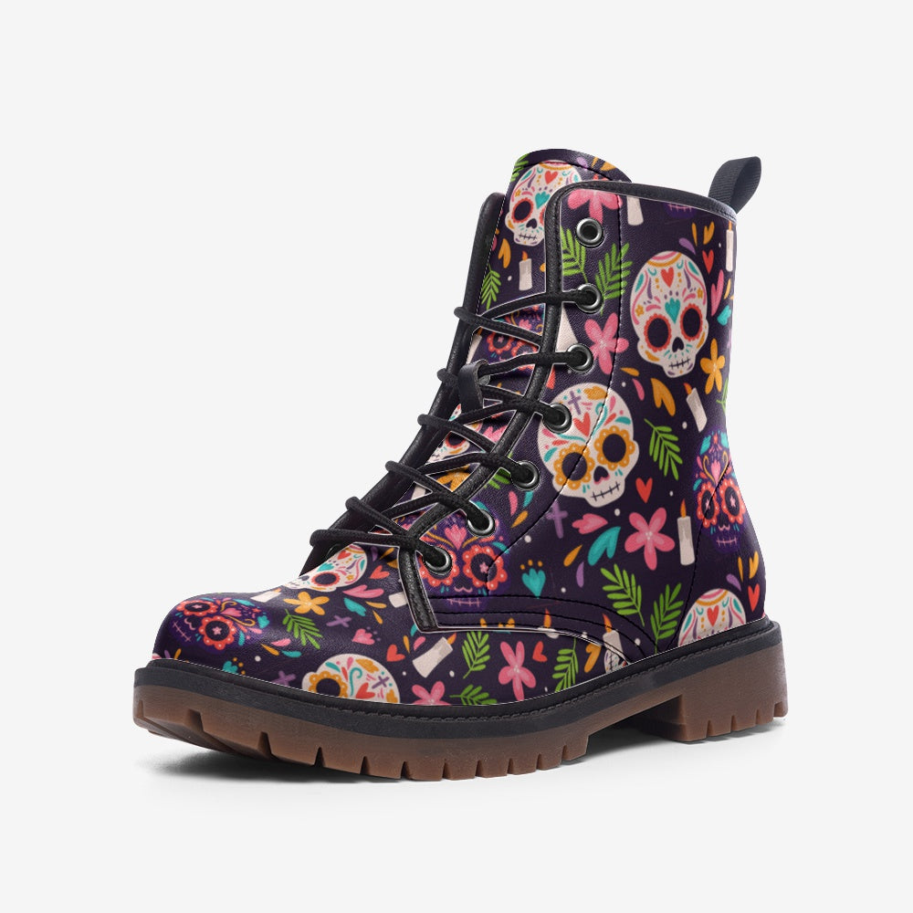 Sugar Skull Macabre Vegan Leather Combat Boots, Women&#39;s Combat Boots, Lace Up Boots, Ankle Boots