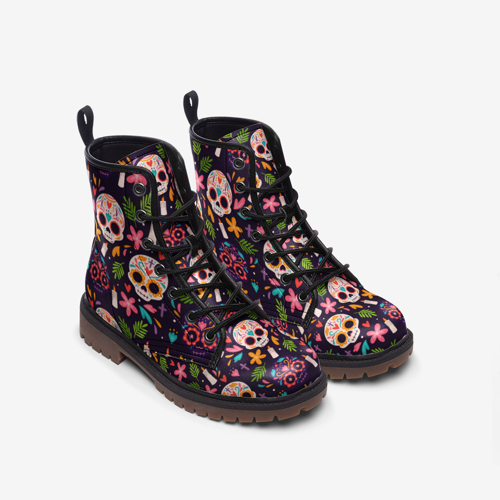 Sugar Skull Macabre Vegan Leather Combat Boots, Women's Combat Boots, Lace Up Boots, Ankle Boots