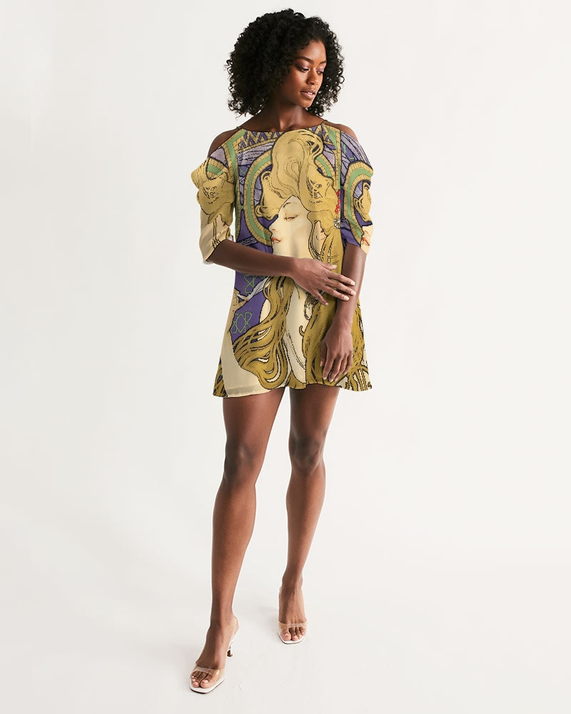 Alphonse Mucha Art Nouveau Women's Open Shoulder A-Line Dress