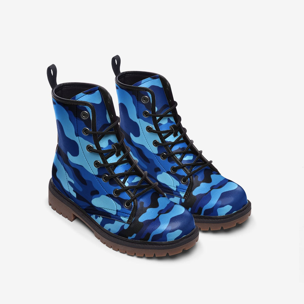 Vegan Leather Blue Camo Combat Boots, Lace Up Boots, Ankle Boots