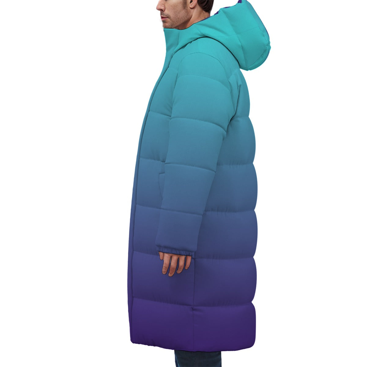 Duck Down Long Puffer Jacket in Blue and Purple Ombre