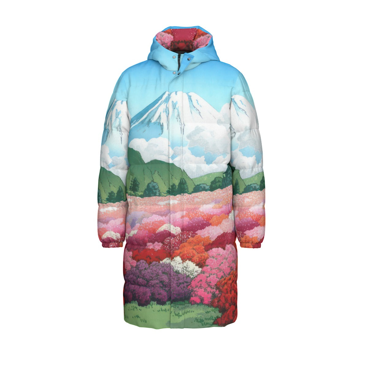 Japanese Art Print Knee Length Duck Down Puffer Coat