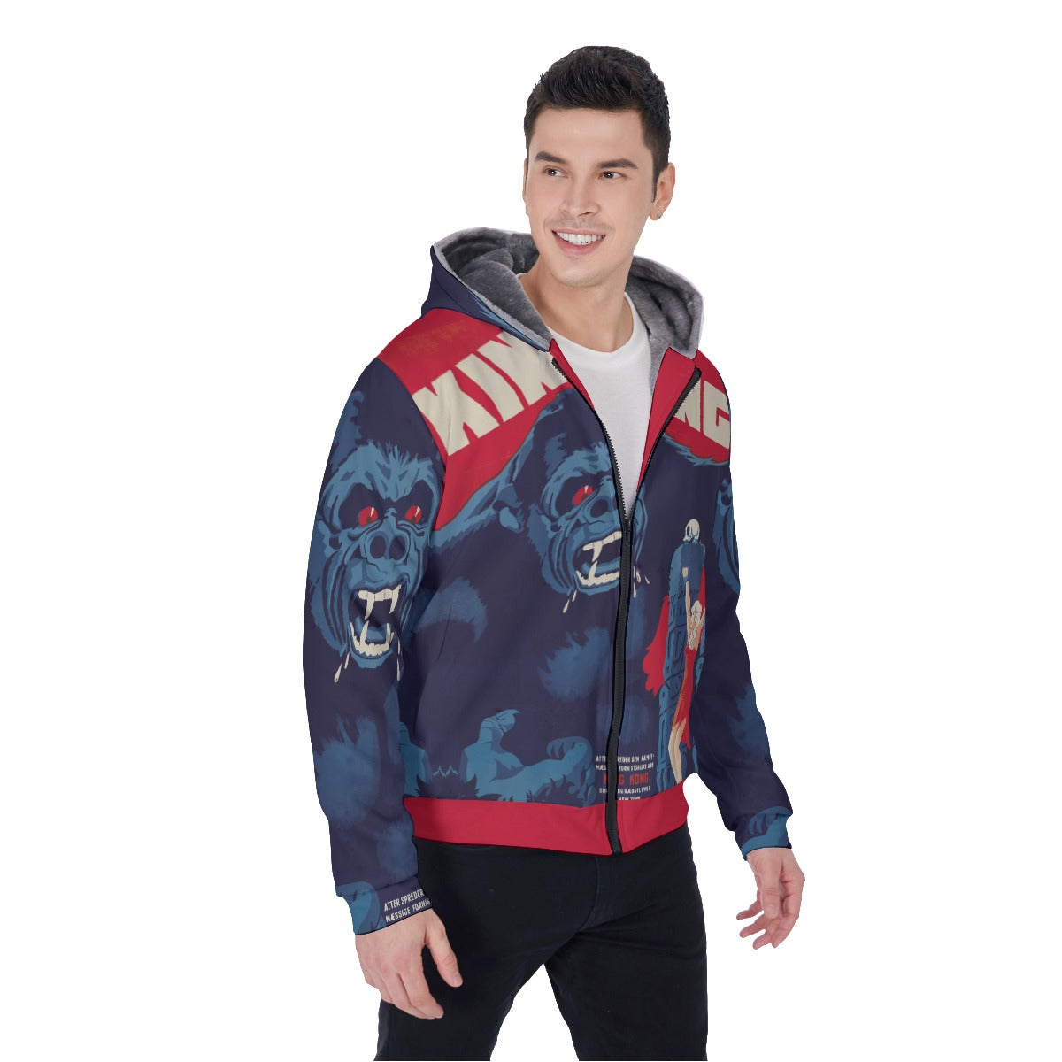 Vintage King Kong Movie Print Sherpa Fleece Zip Up Hoodie