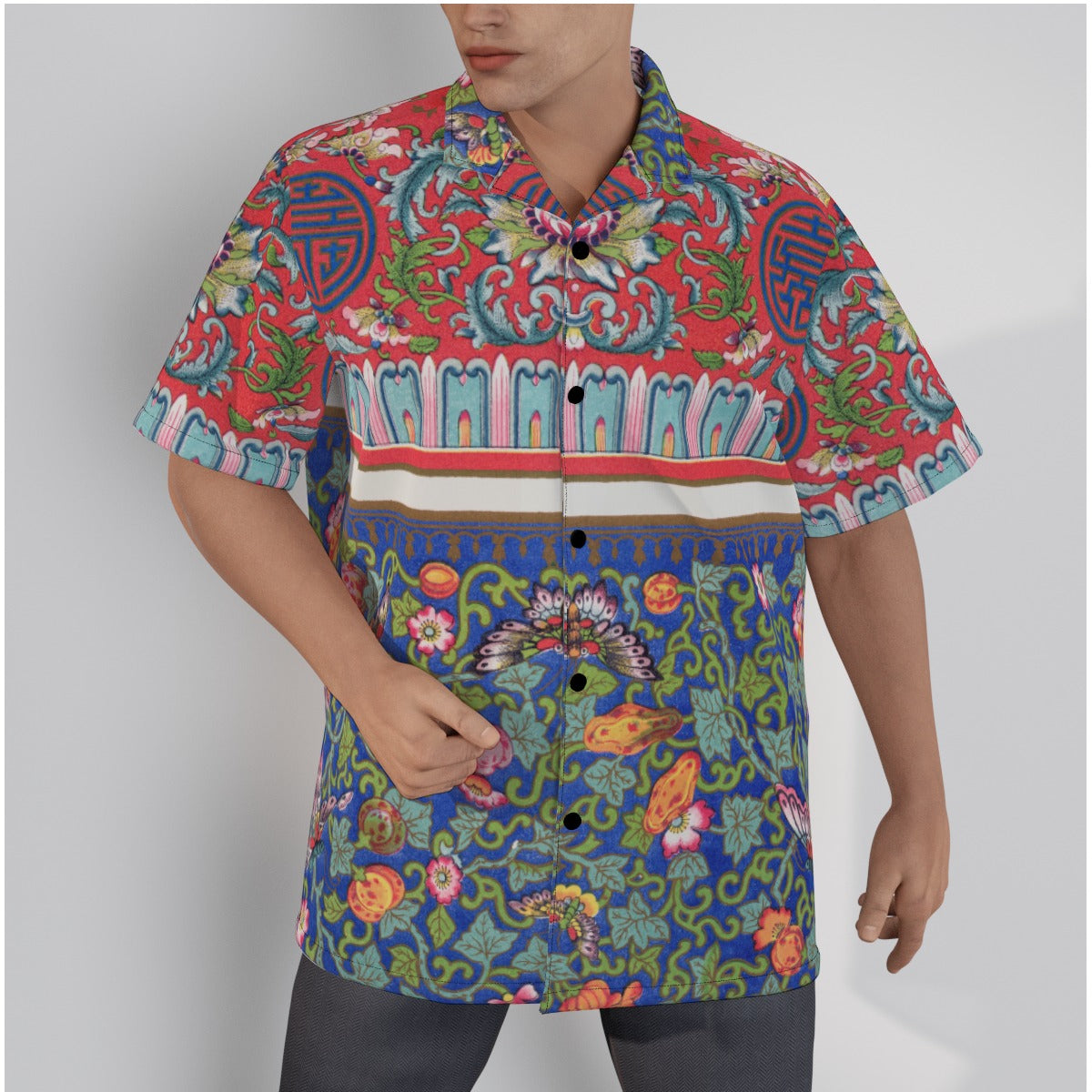 Art Nouveau All-Over Print Men&#39;s Hawaiian Shirt With Button Closure |115GSM Cotton poplin