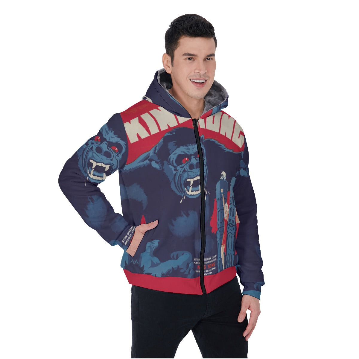 Vintage King Kong Movie Print Sherpa Fleece Zip Up Hoodie