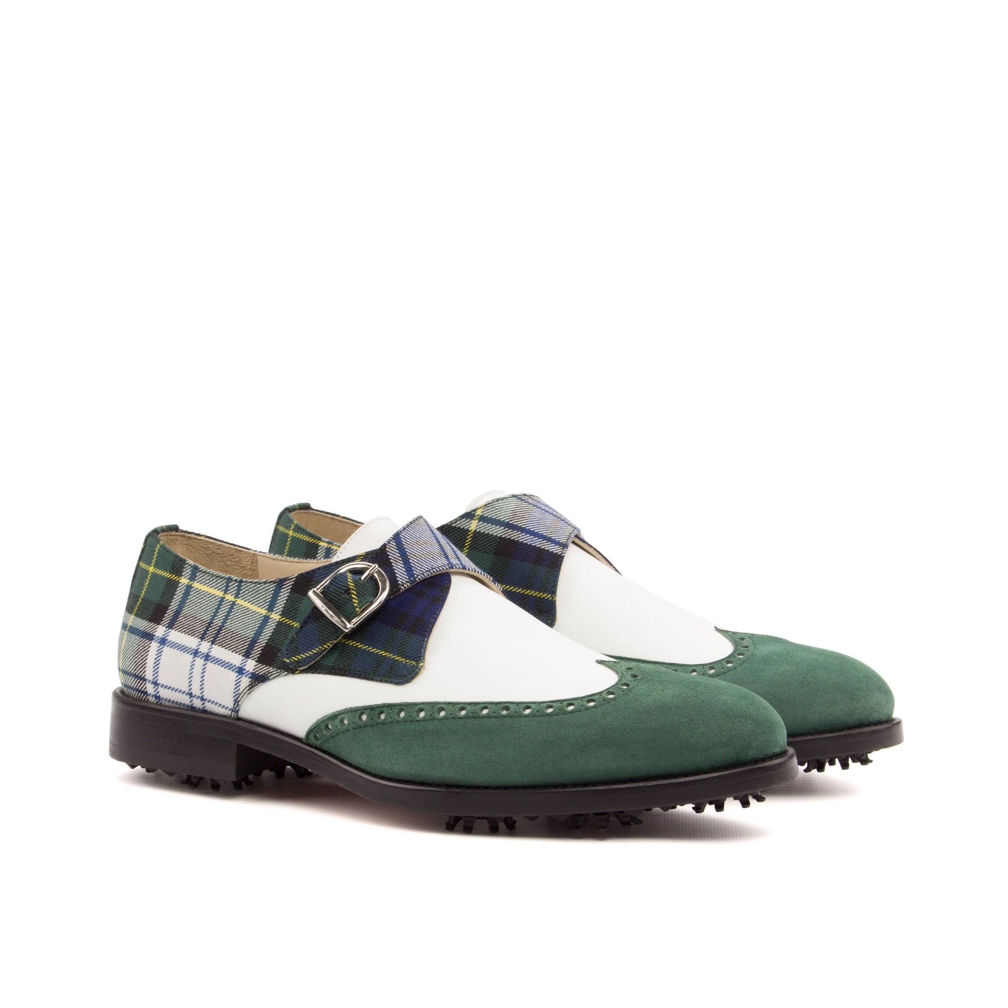 Golf Shoes Single Monk Strap Green Tartan and Suede, Plus Size Golf Shoes