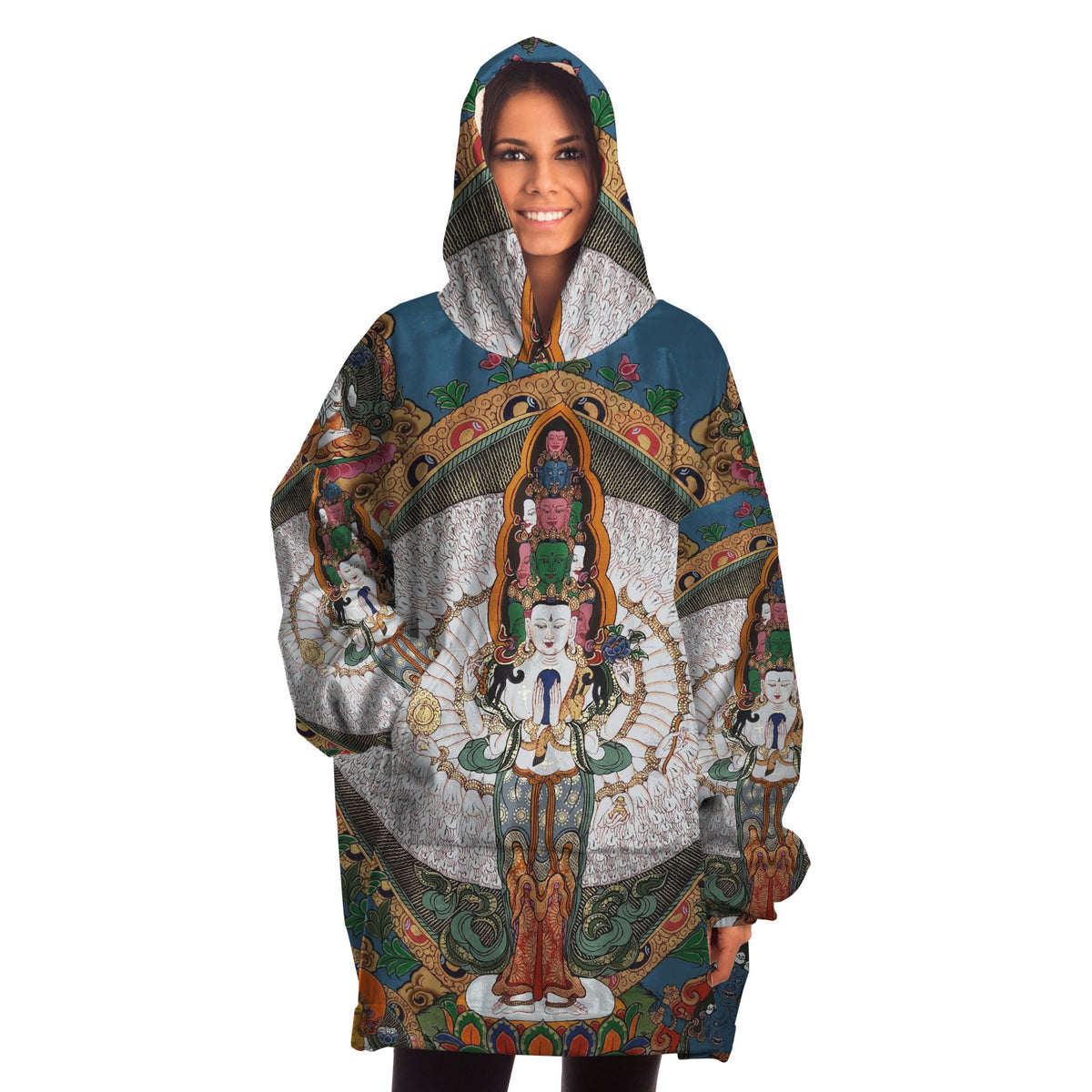 Blue Buddha Thanka Tibetan Snug Hoodie with pockets, Festival, Loungecore