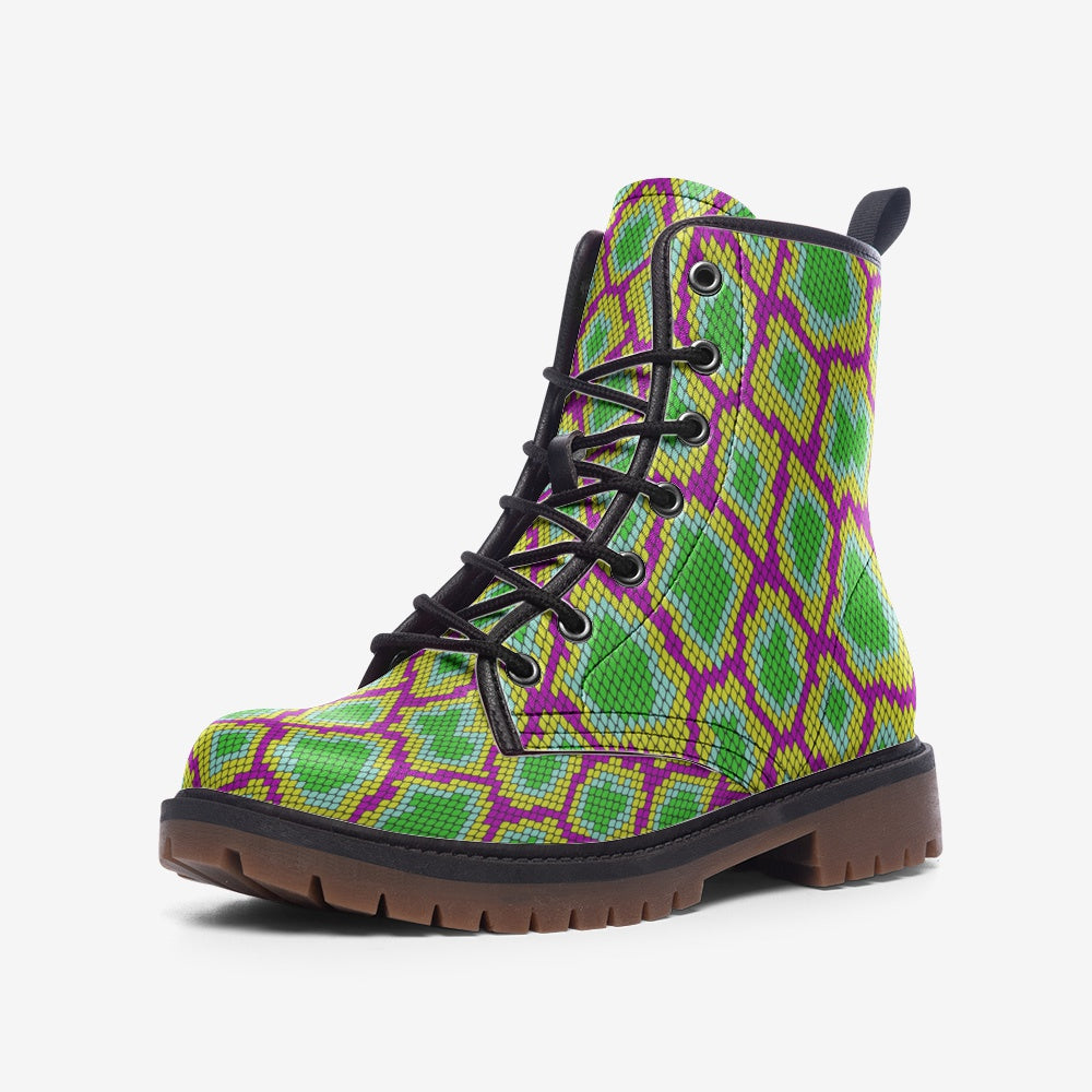 Vegan Combat Boots Psychedelic Snake, Lace Up Boots, Ankle Boots