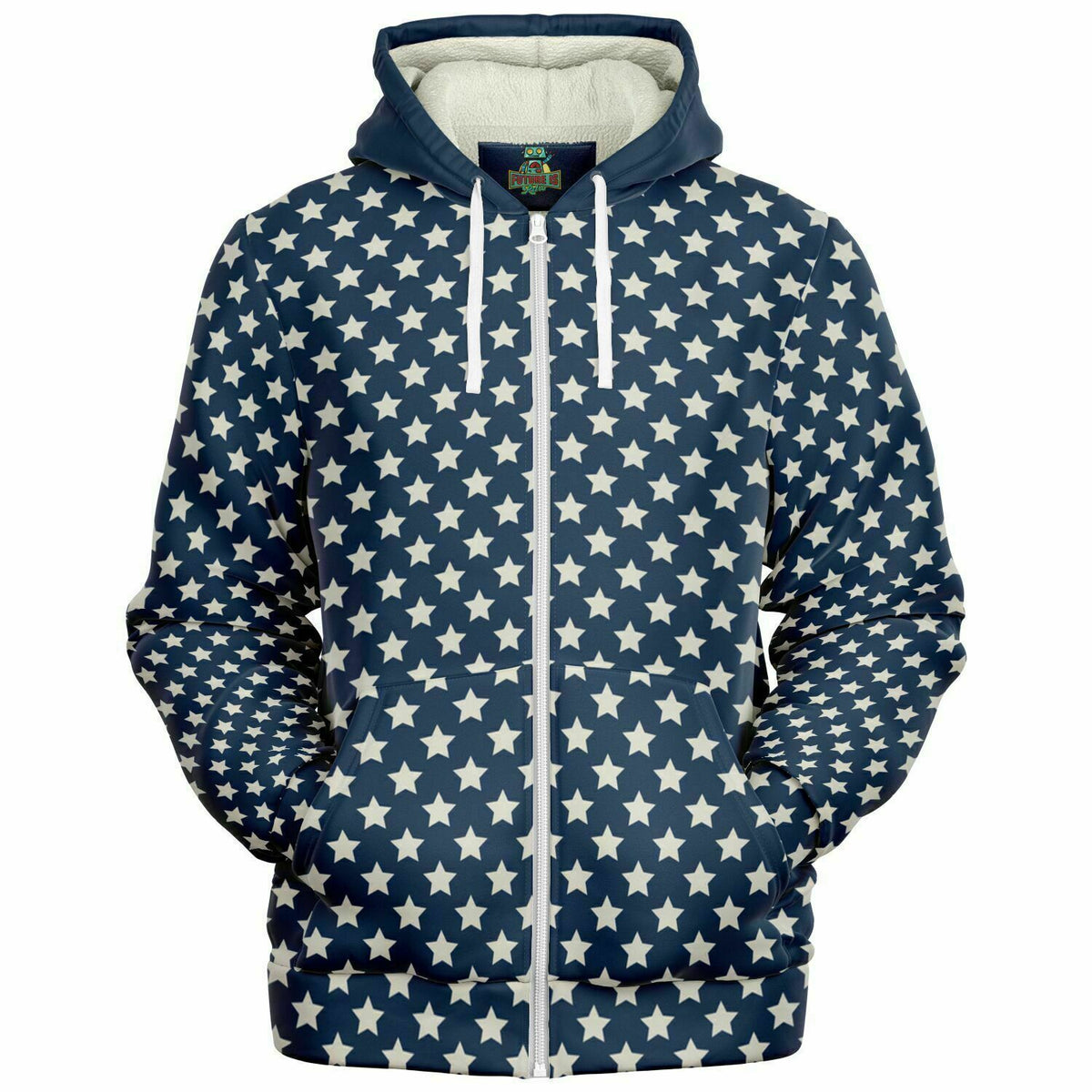 A blue and white microfleece zip-up hoodie with a color block hood featuring a star pattern, and a visible nylon zipper front closure.