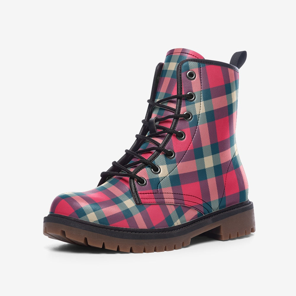 Vegan Leather Tartan Combat Boots