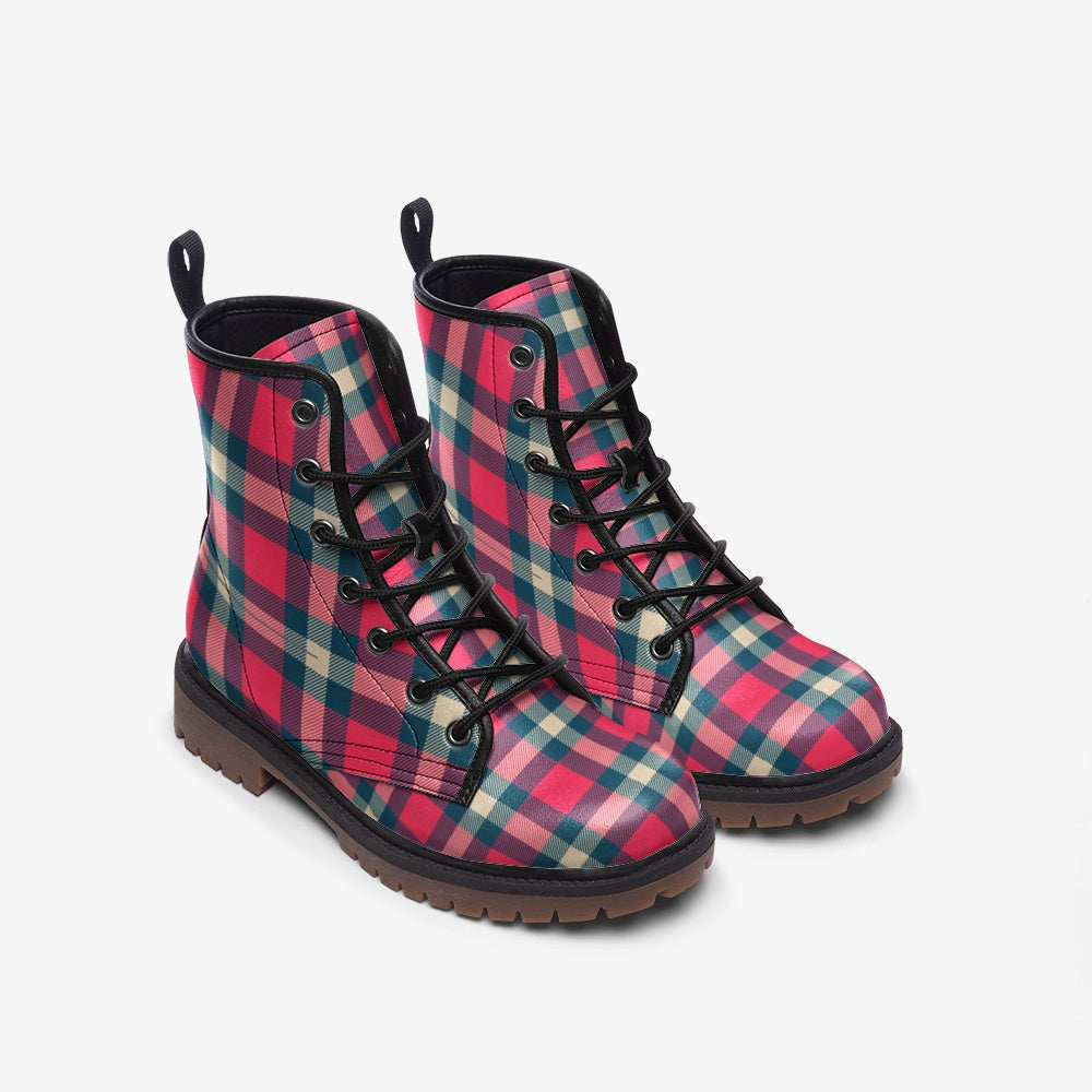 Vegan Leather Tartan Combat Boots