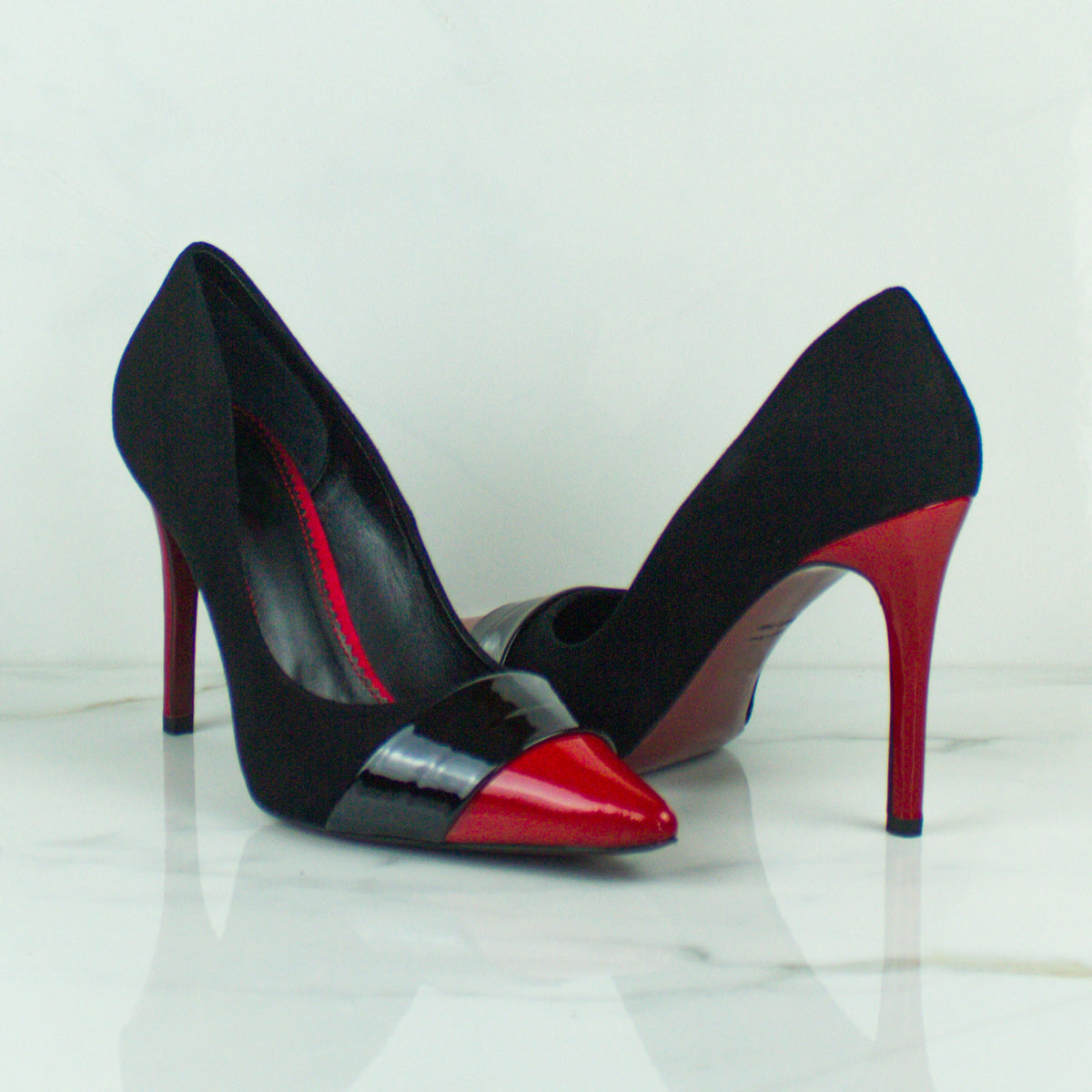 Handcrafted Black and Red Suede and Patent Heels