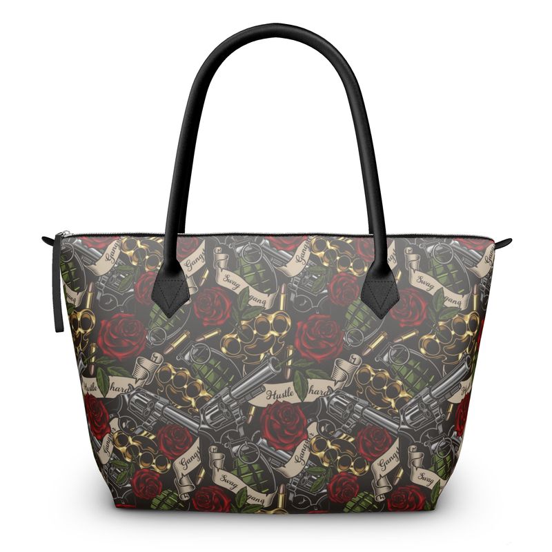 Sac à main Zip Top avec roses, pistolets et plumeaux, sac à main en cuir, sac à main rétro, Rockabilly