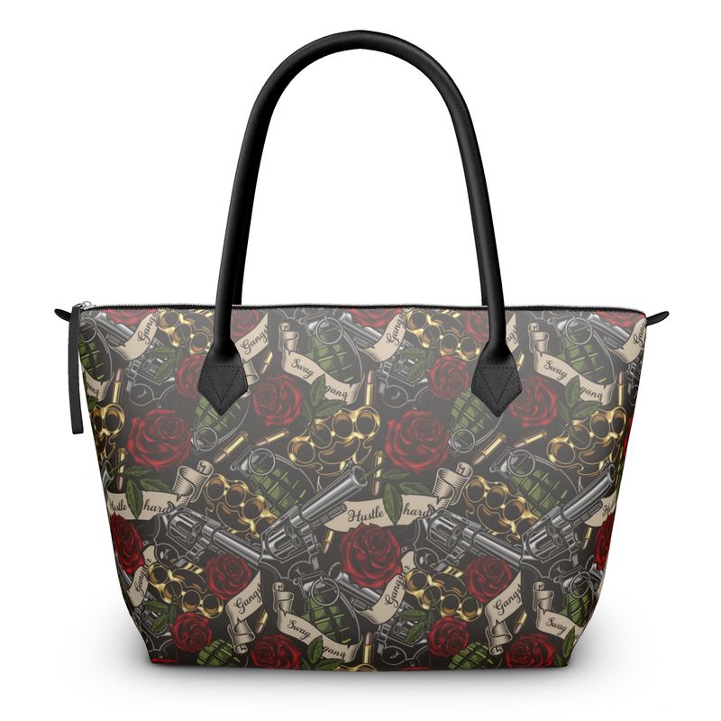 Zip Top Handbag with roses, guns and knuckle dusters, leather handbag, Retro Handbag, Rockabilly
