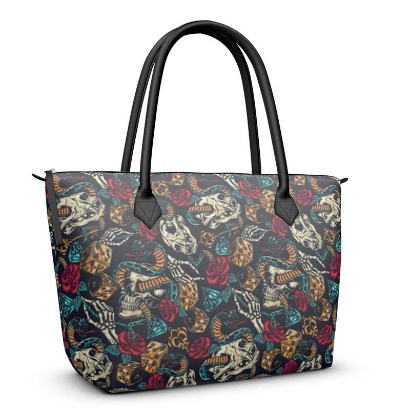 Vintage Tattoo Print Zip Top Handbag