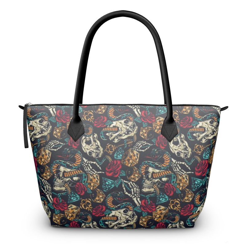 Vintage Tattoo Print Zip Top Handbag
