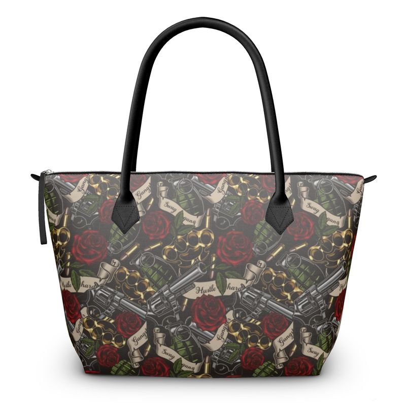 Vintage Tattoo print zip top handbag