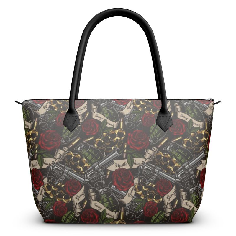 Vintage Tattoo print zip top handbag