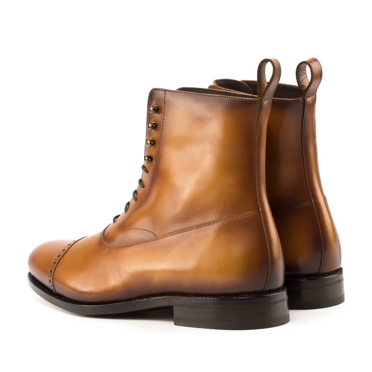 Balmoral Tan Patina Boots in Cognac Box Calf Leather, Luxury Leather Boots