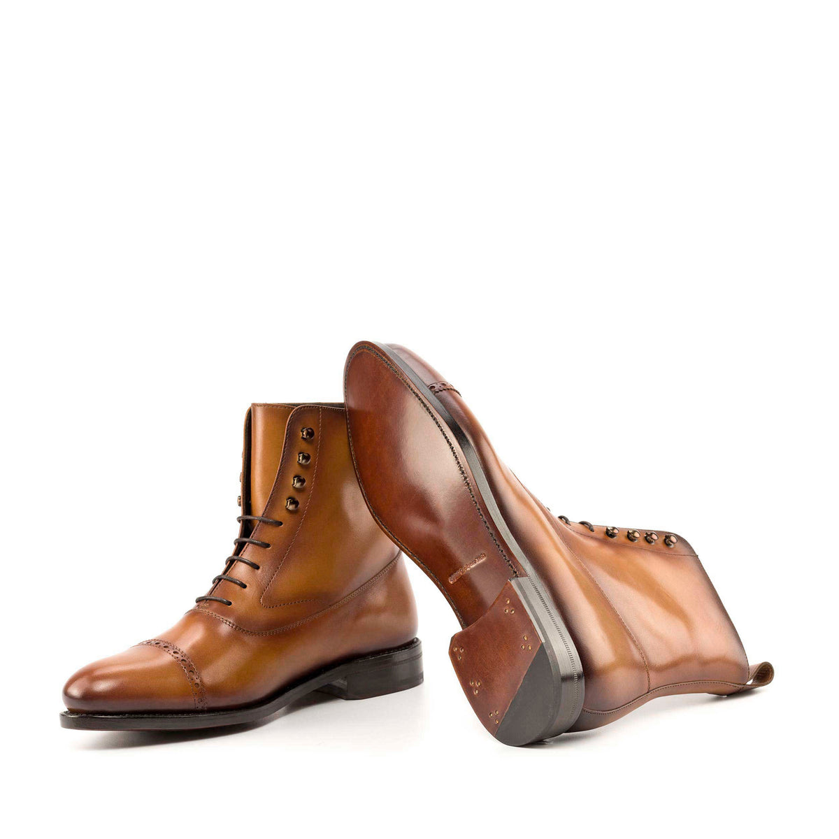 Balmoral Tan Patina Boots in Cognac Box Calf Leather, Luxury Leather Boots