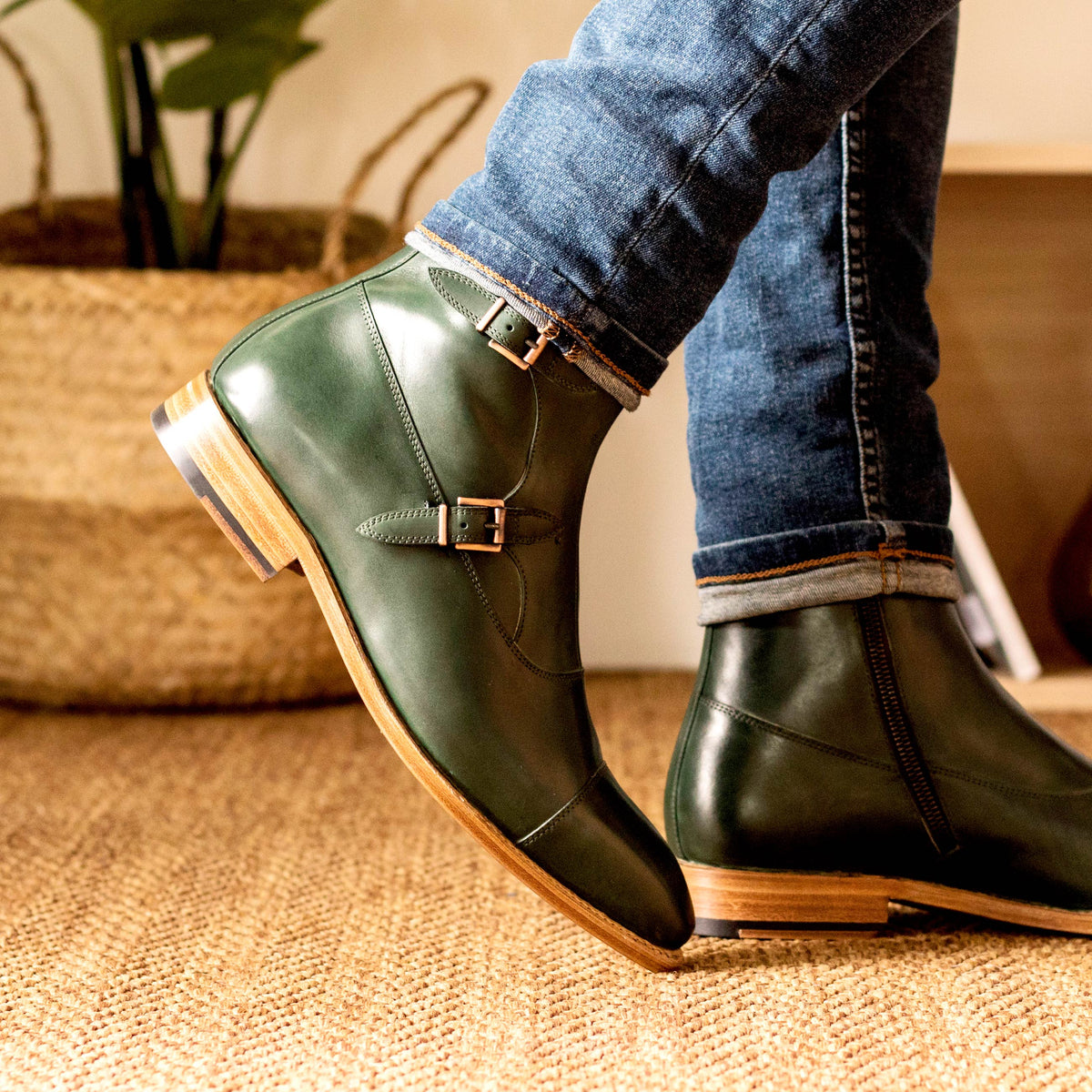 Emerald Octavian Luxury Leather Boot, Leather Boot with Buckle and Leather Sole