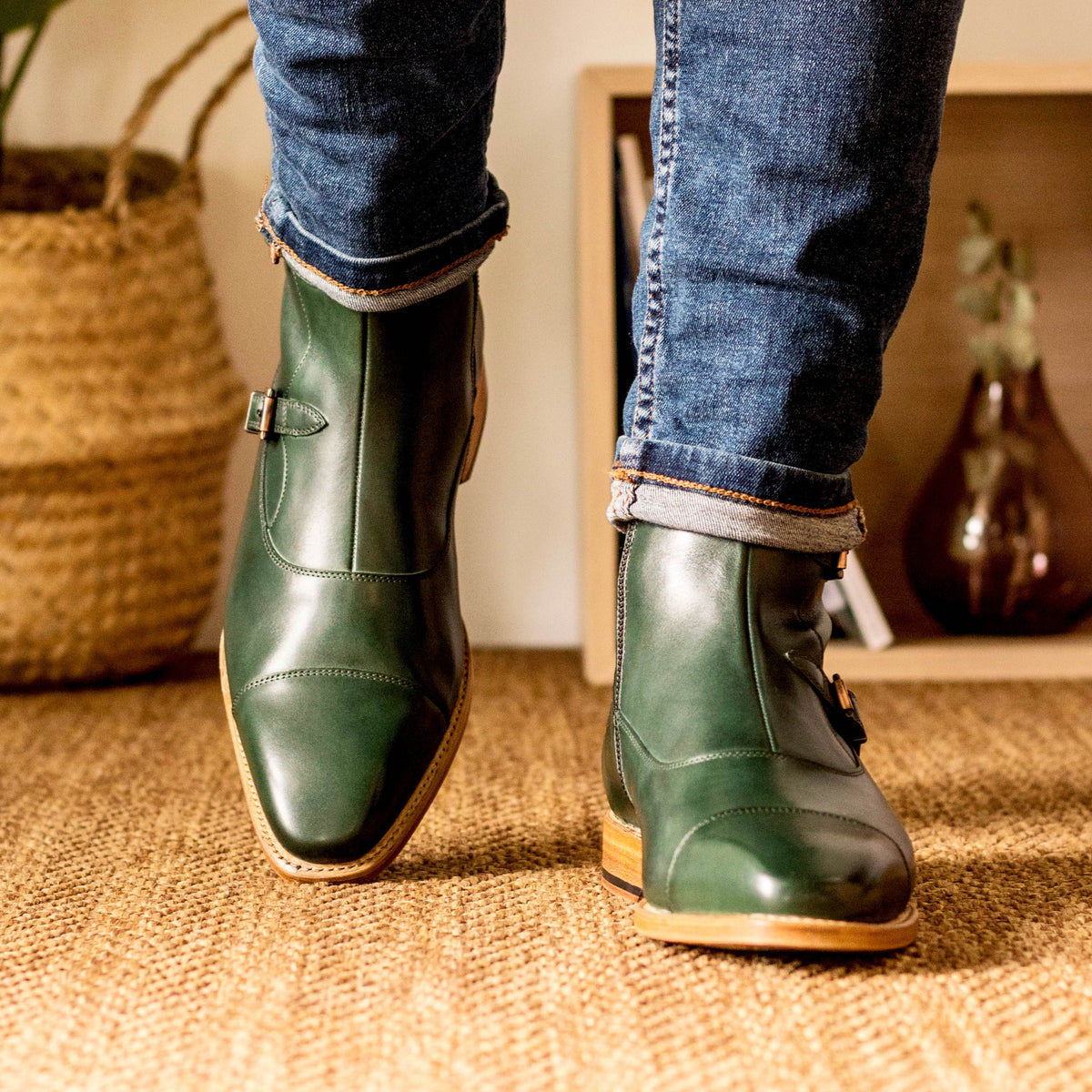 Emerald Octavian Luxury Leather Boot, Leather Boot with Buckle and Leather Sole