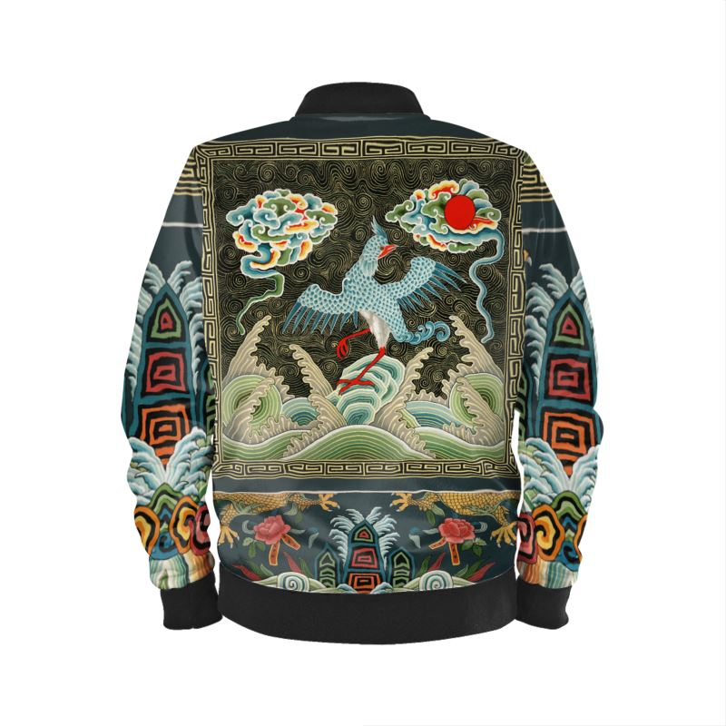 Vintage Chinese Crane Bomber Jacket (Museum Collection) in either Marbled Velvet, Satin, Jersey, Or Waterproof Outer