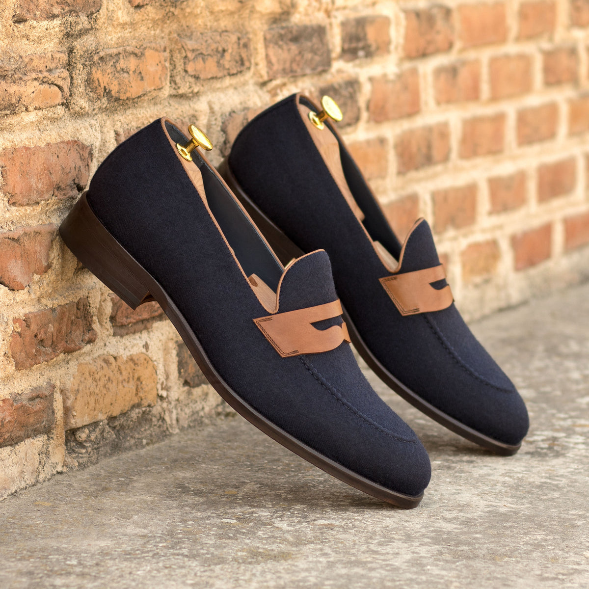 Loafers in Navy Flannel and Medium Brown Leather, Luxury Loafers