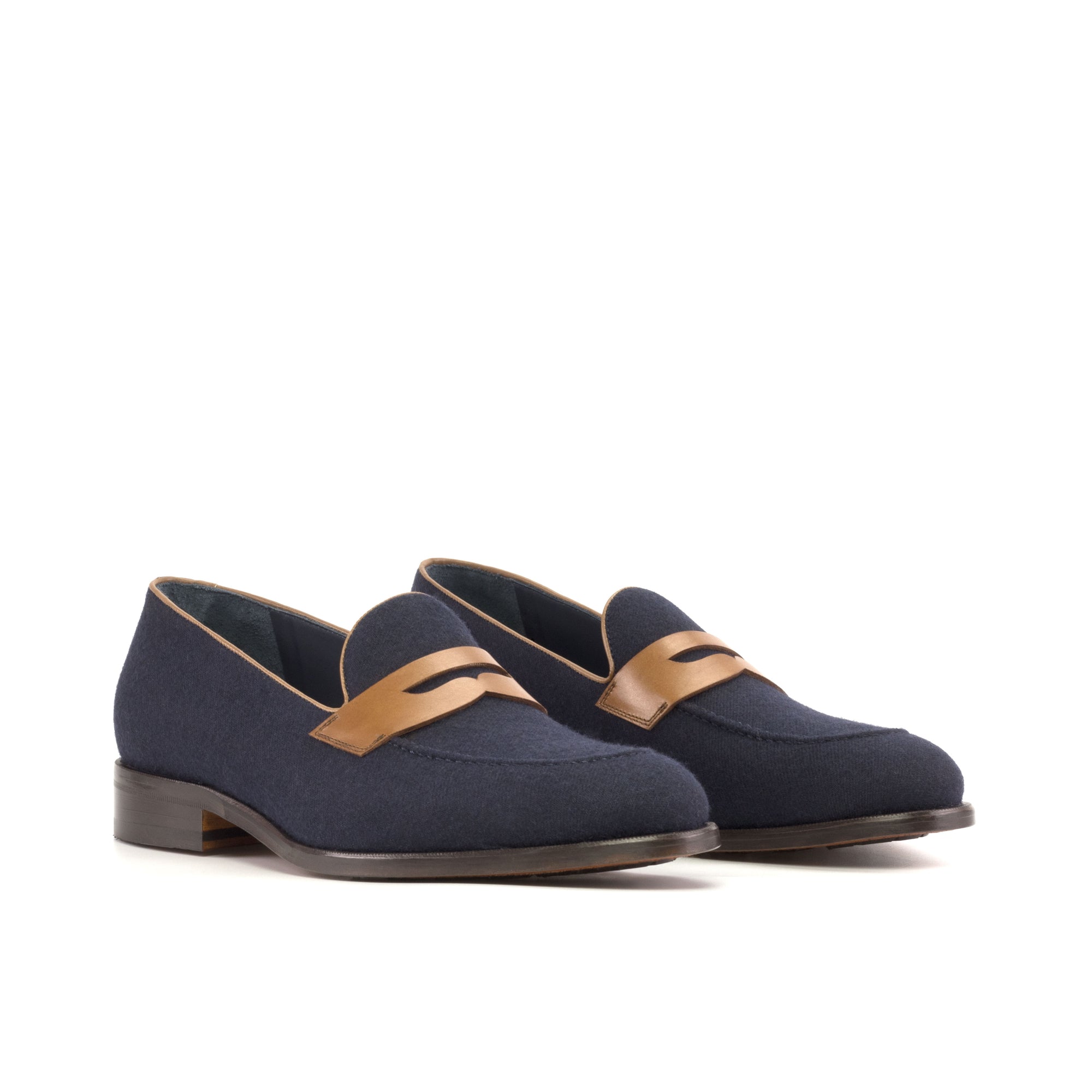 Loafers in Navy Flannel and Medium Brown Leather, Luxury Loafers