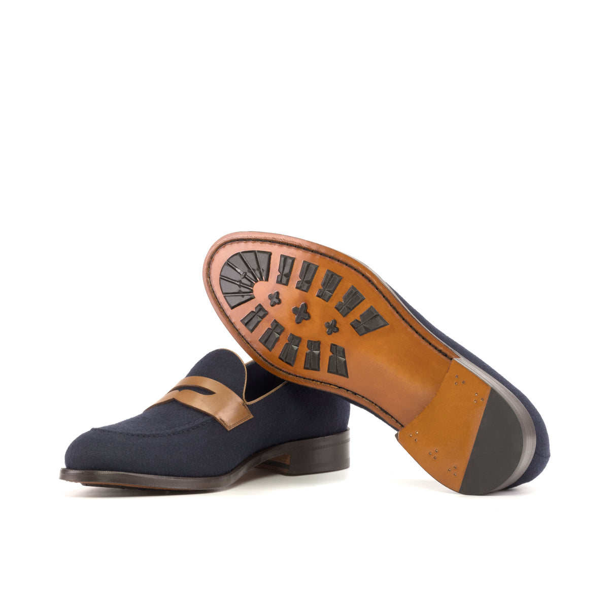 Loafers in Navy Flannel and Medium Brown Leather, Luxury Loafers