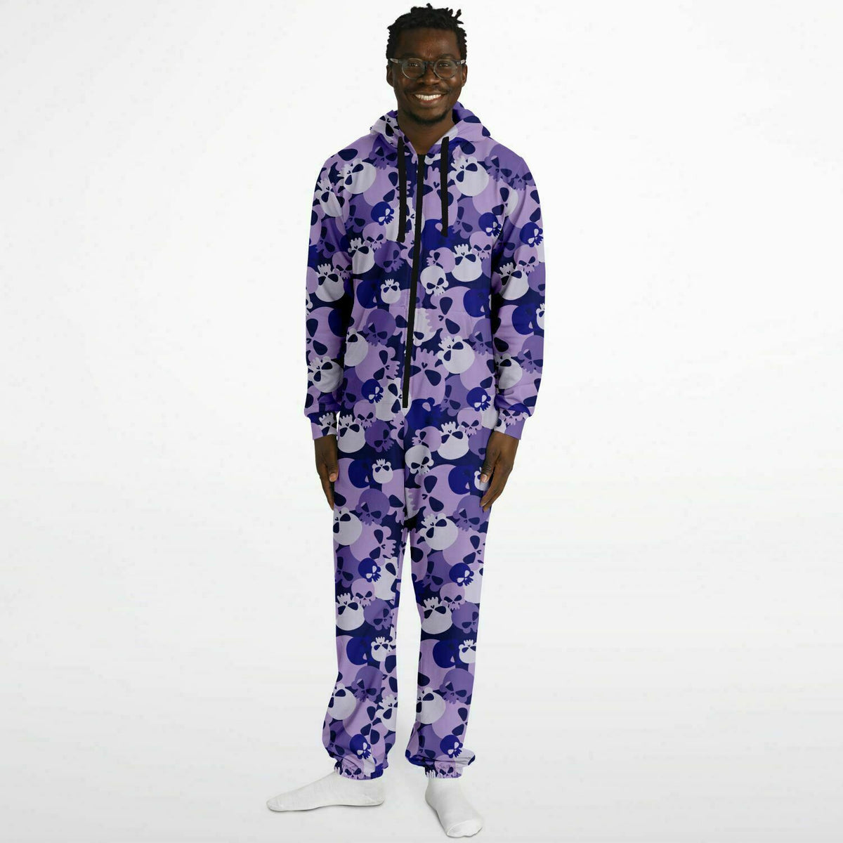 Indigo Skull Hoodie Jumpsuit Loungewear, Rave Festival Wear, makaber, Gothic, 