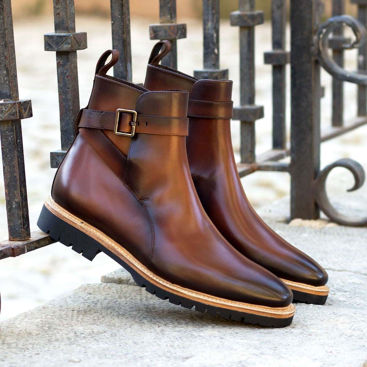 Handmade Goodyear Welted Leather Boots in Cognac and Chocolate Coloured Patina - Jodhpur Style