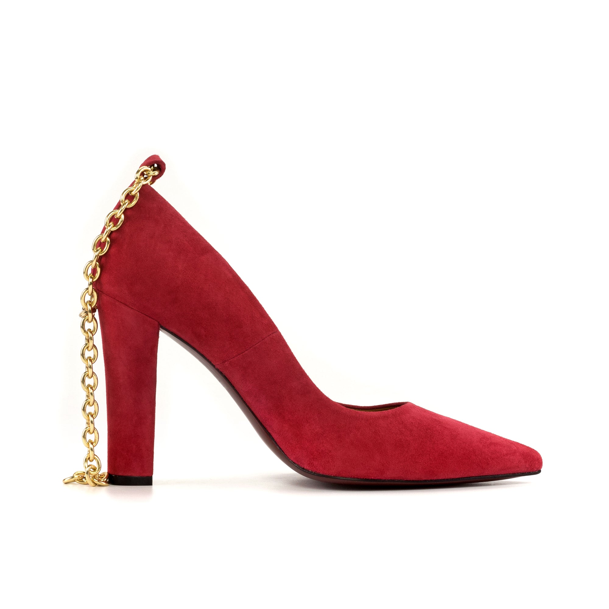 Red Suede High Heels with Gold Chain strap