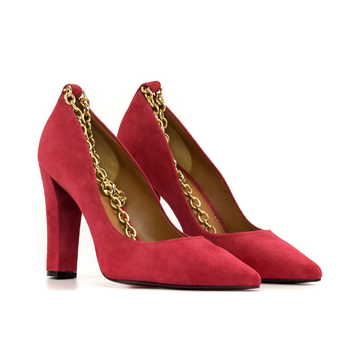 Red Suede High Heels with Gold Chain strap