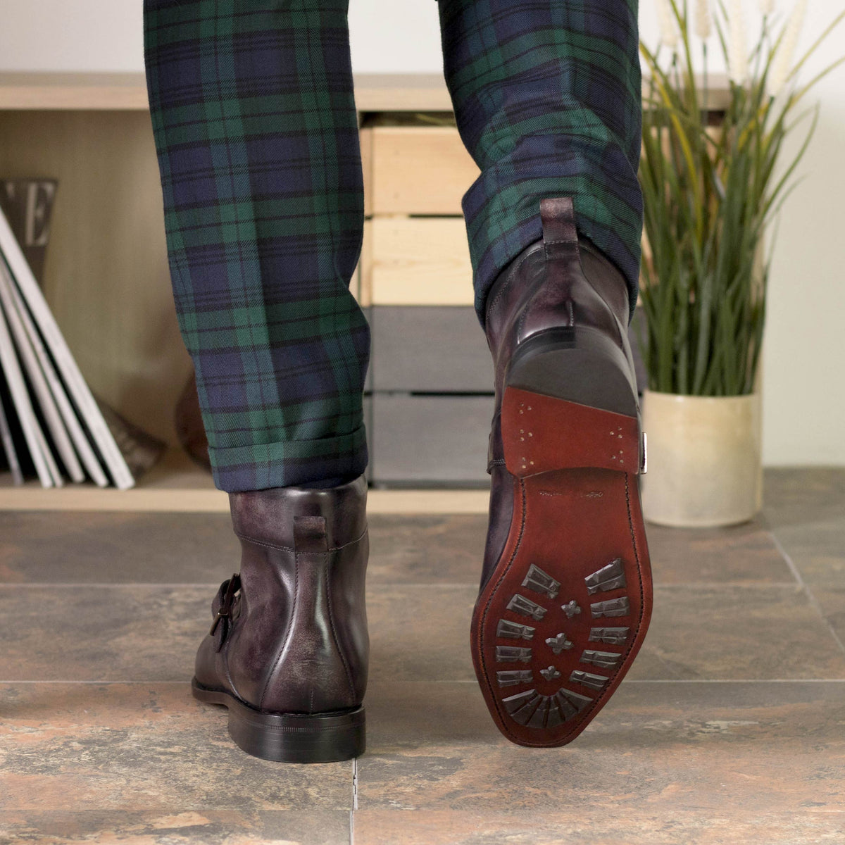 Goodyear Welted Aubergine Leather Patina Hiking Boots, Luxury Leather Boots (Fastlane 1 Week Production)