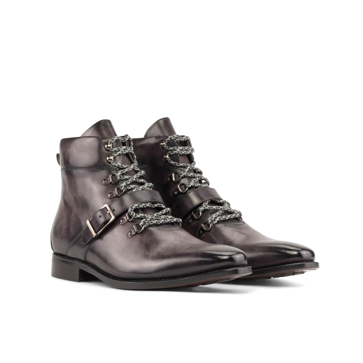 Goodyear Welted Aubergine Leather Patina Hiking Boots, Luxury Leather Boots (Fastlane 1 Week Production)