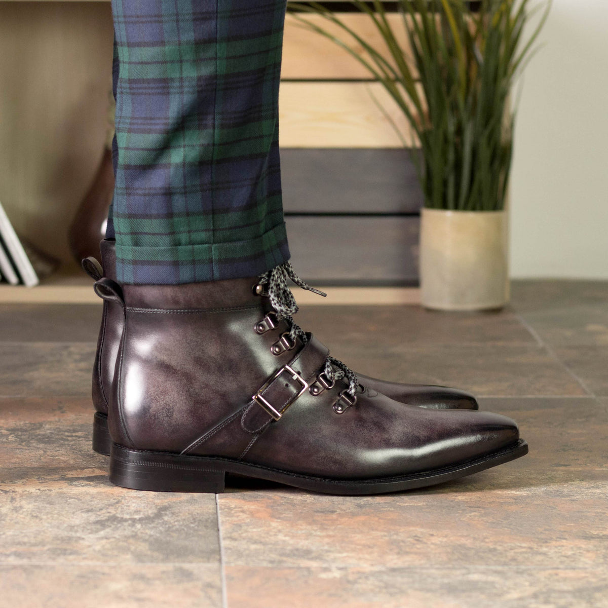 Goodyear Welted Aubergine Leather Patina Hiking Boots, Luxury Leather Boots (Fastlane 1 Week Production)